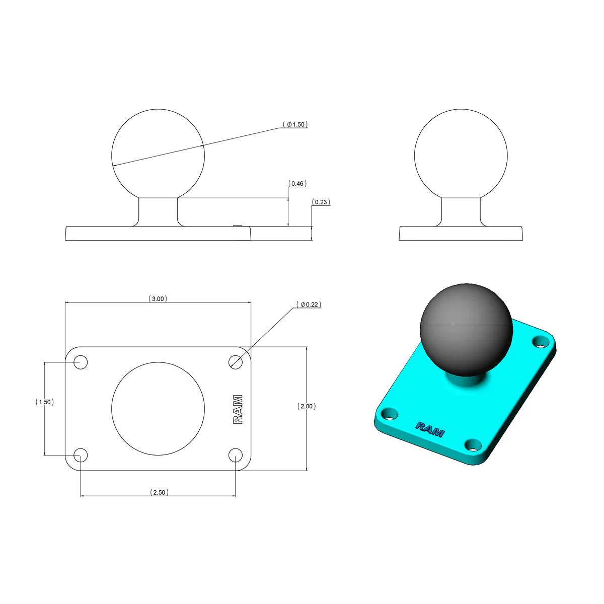 RAM® Ball Base with 1.5" x 2.5" 4-Hole Pattern - C Size - Image 2