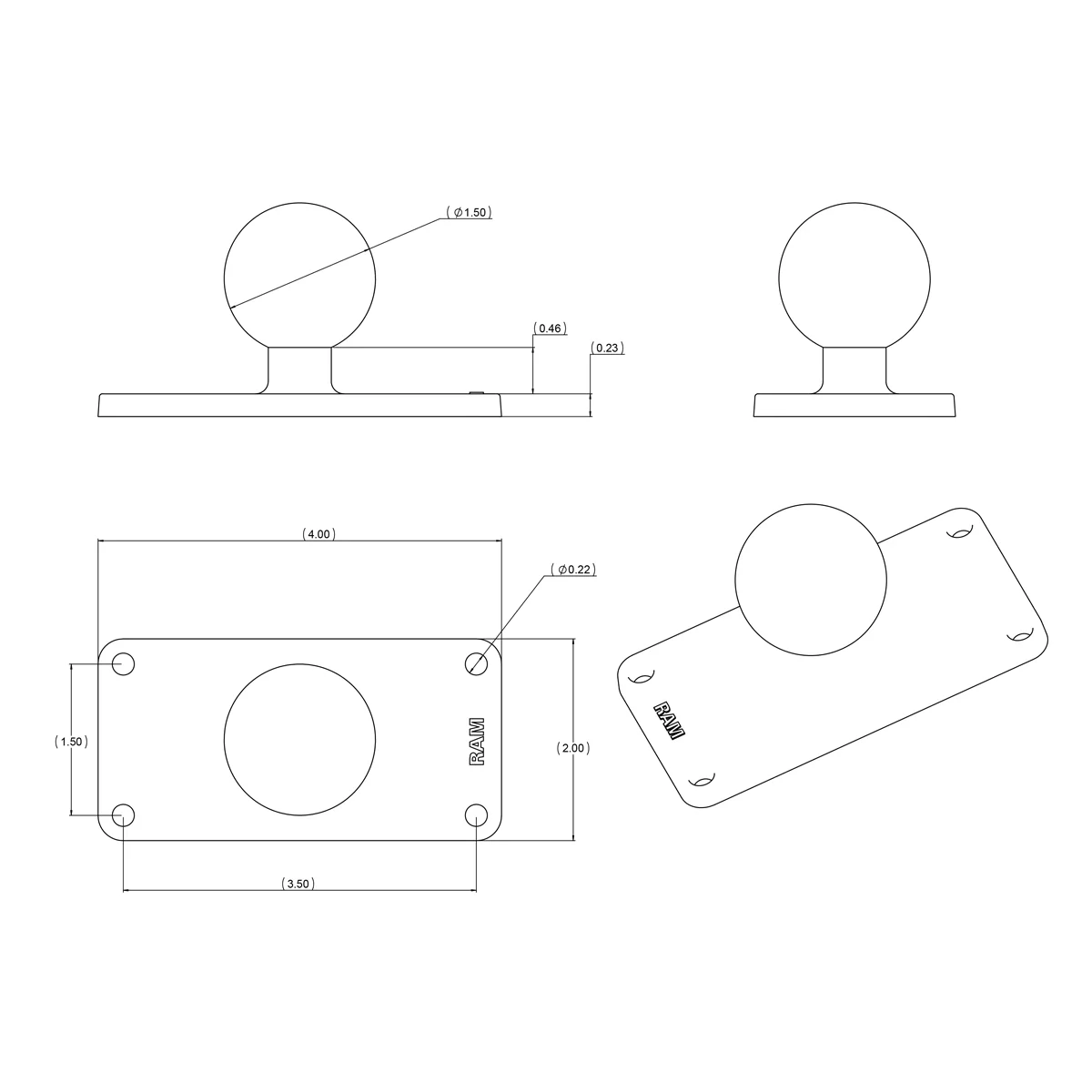 RAM® Ball Base with 1.5" x 3.5" 4-Hole Pattern - C Size - Image 2