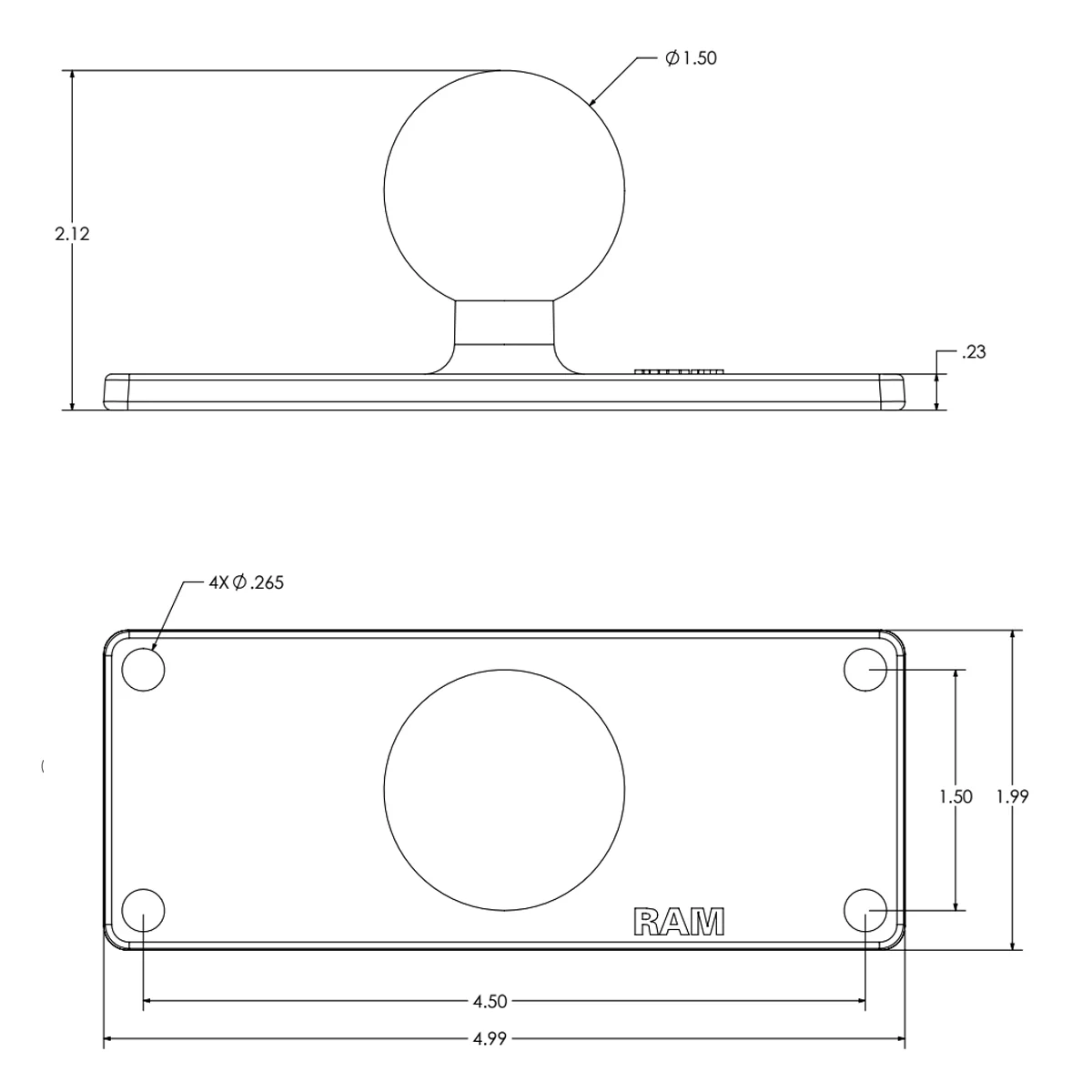 RAM® Ball Base with 1.5" x 4.5" 4-Hole Pattern - C Size - Image 2