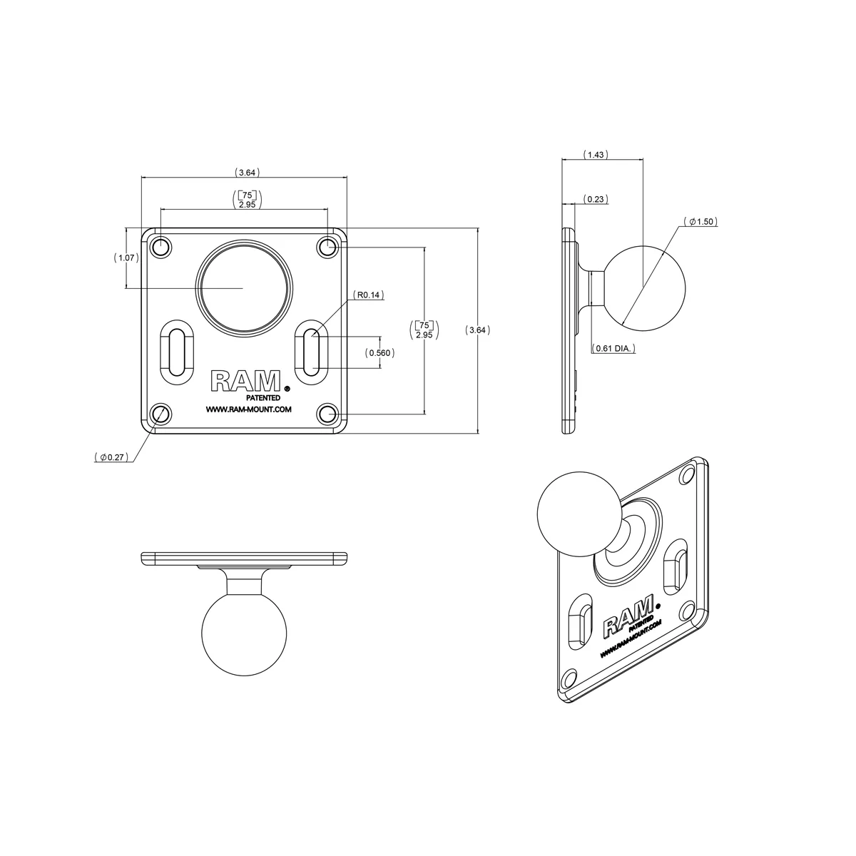 RAM® 75x75mm VESA Plate with Ball - C Size - Image 4