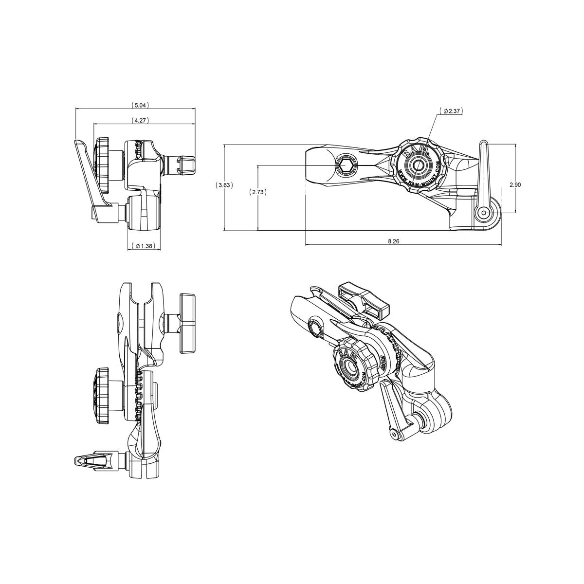 RAM® Ratchet & Swing Arm with 1/2" NPT Hole and Single Socket Arm - Image 3