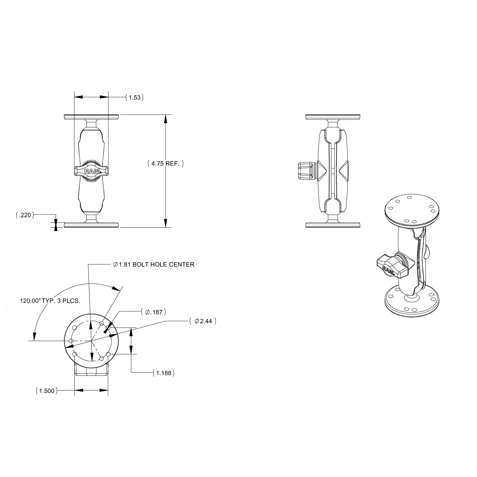 RAM® Double Ball Mount with Hardware for Garmin Striker + More - Image 3