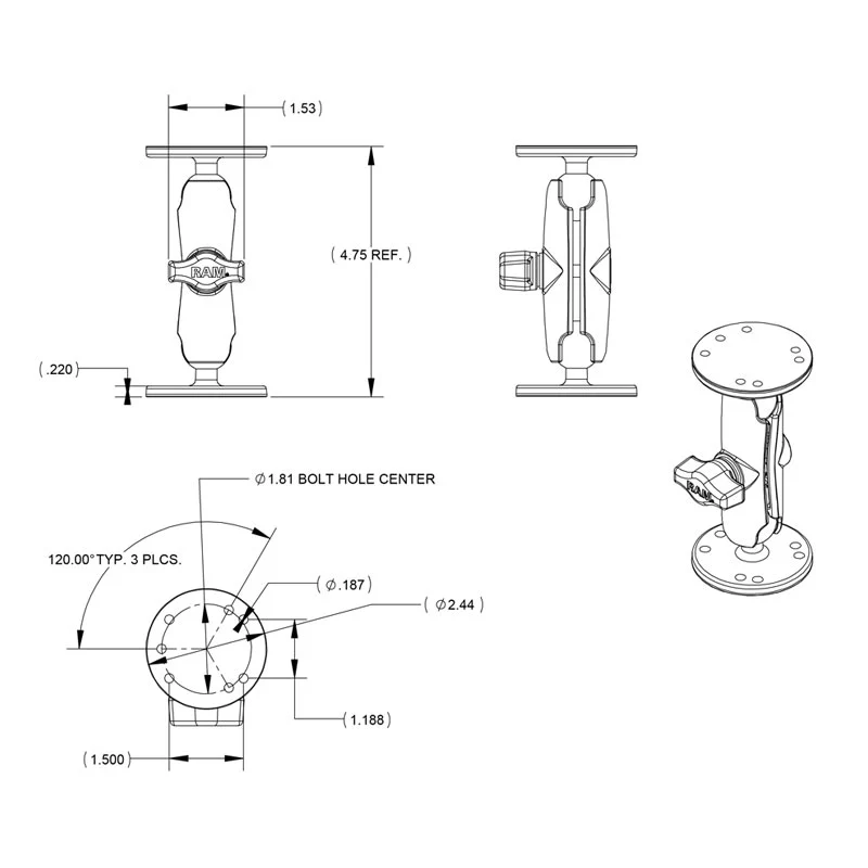 RAM® Universal Double Ball Mount with Two Round Plates - B Size Medium - Image 5