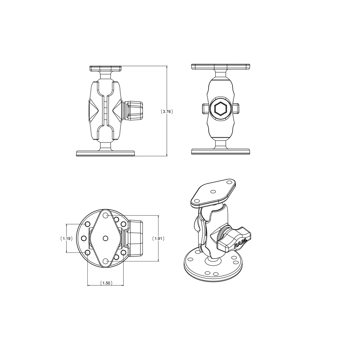 RAM® Double Ball Drill-Down Mount with Diamond Plate - Short - Image 3