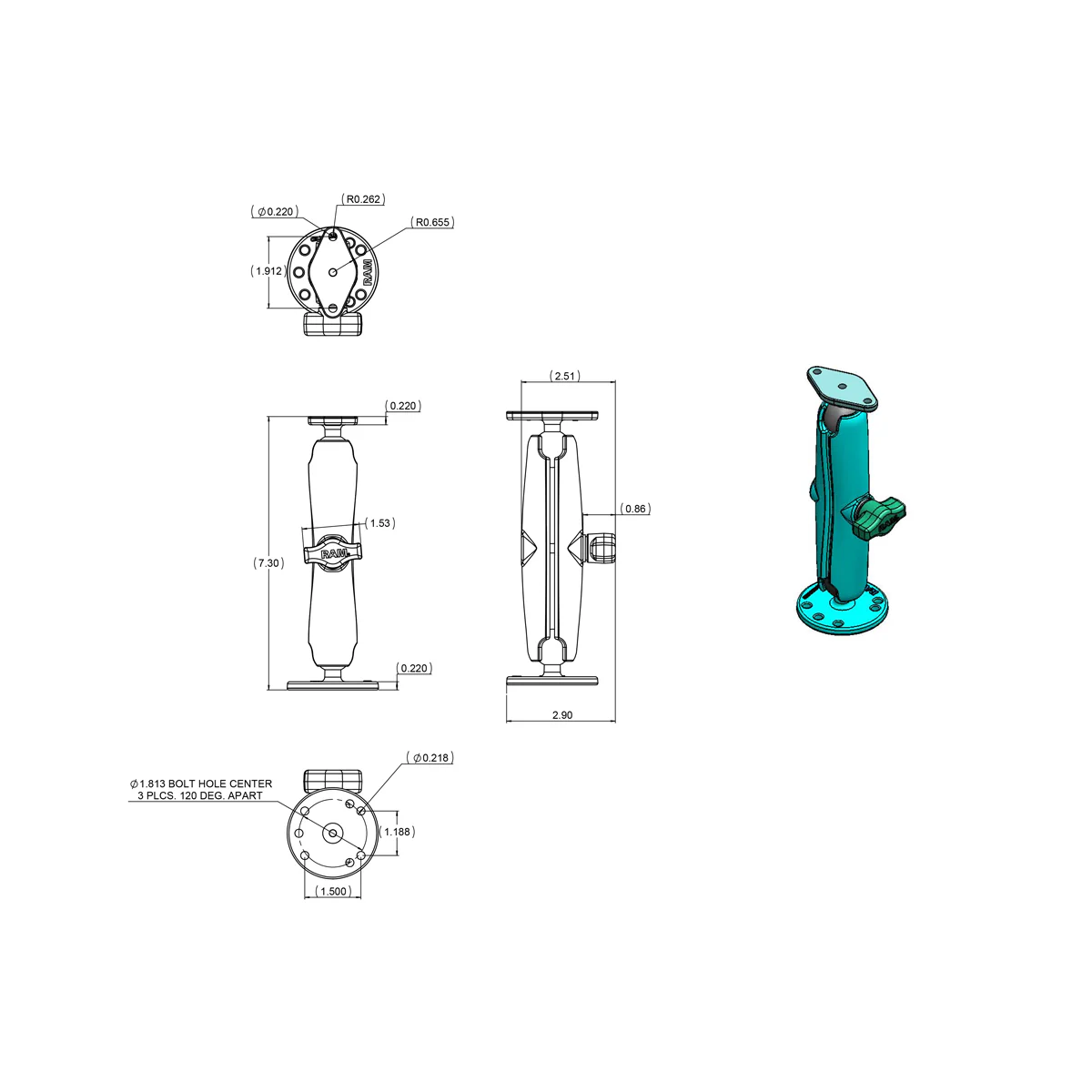 RAM® Double Ball Drill-Down Mount with Diamond Plate - Long - Image 3