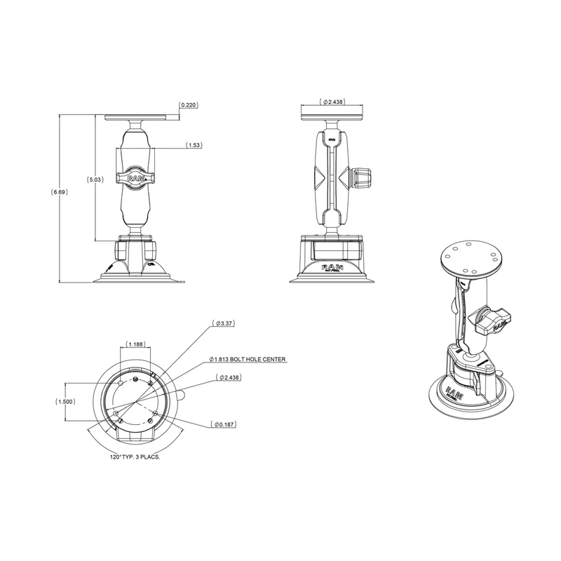 RAM® Twist-Lock™ Suction Cup Double Ball Mount with Round Plate - Medium - Image 3