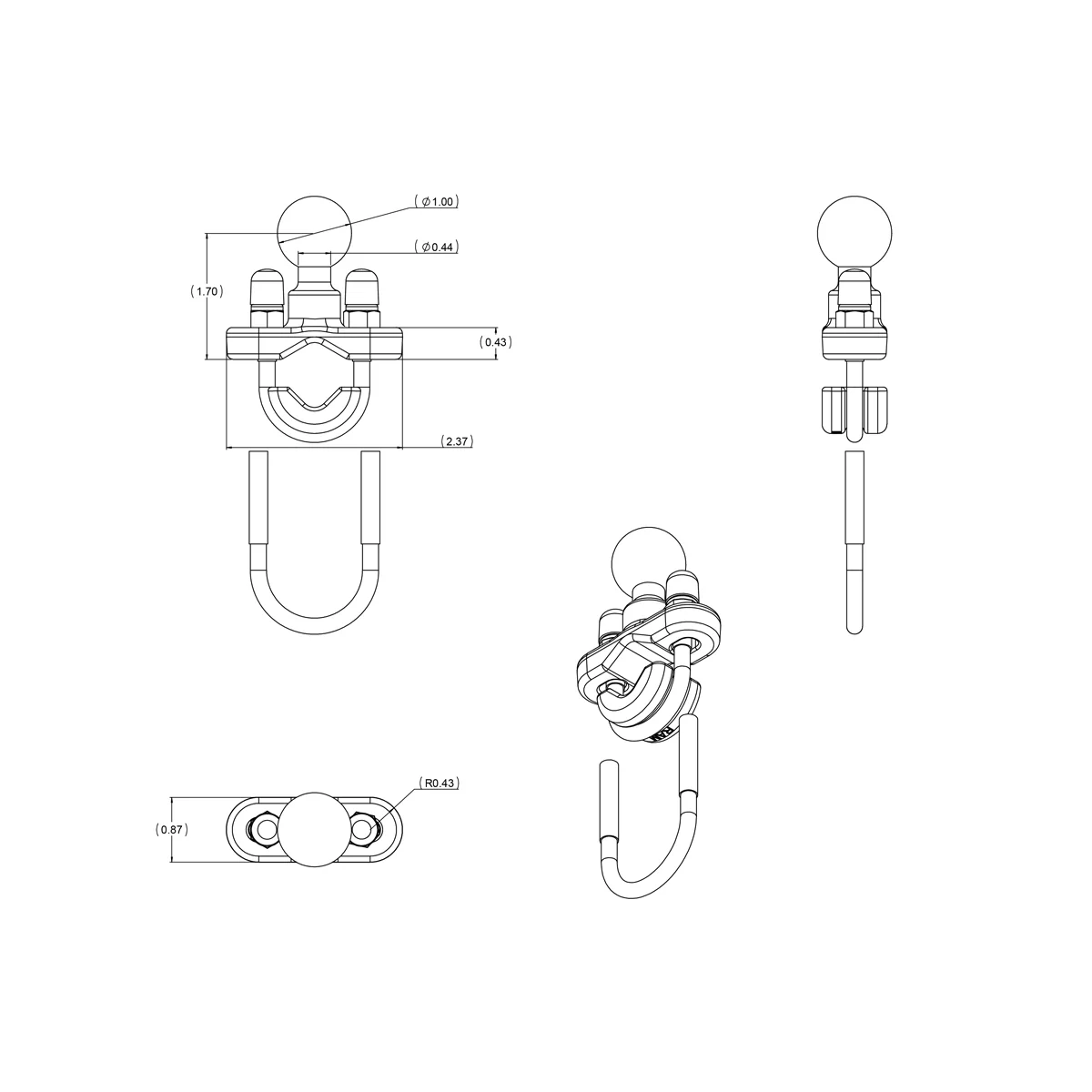 RAM® Handlebar U-Bolt Base for Rails 0.5" to 1" in Diameter - B Size - Image 4