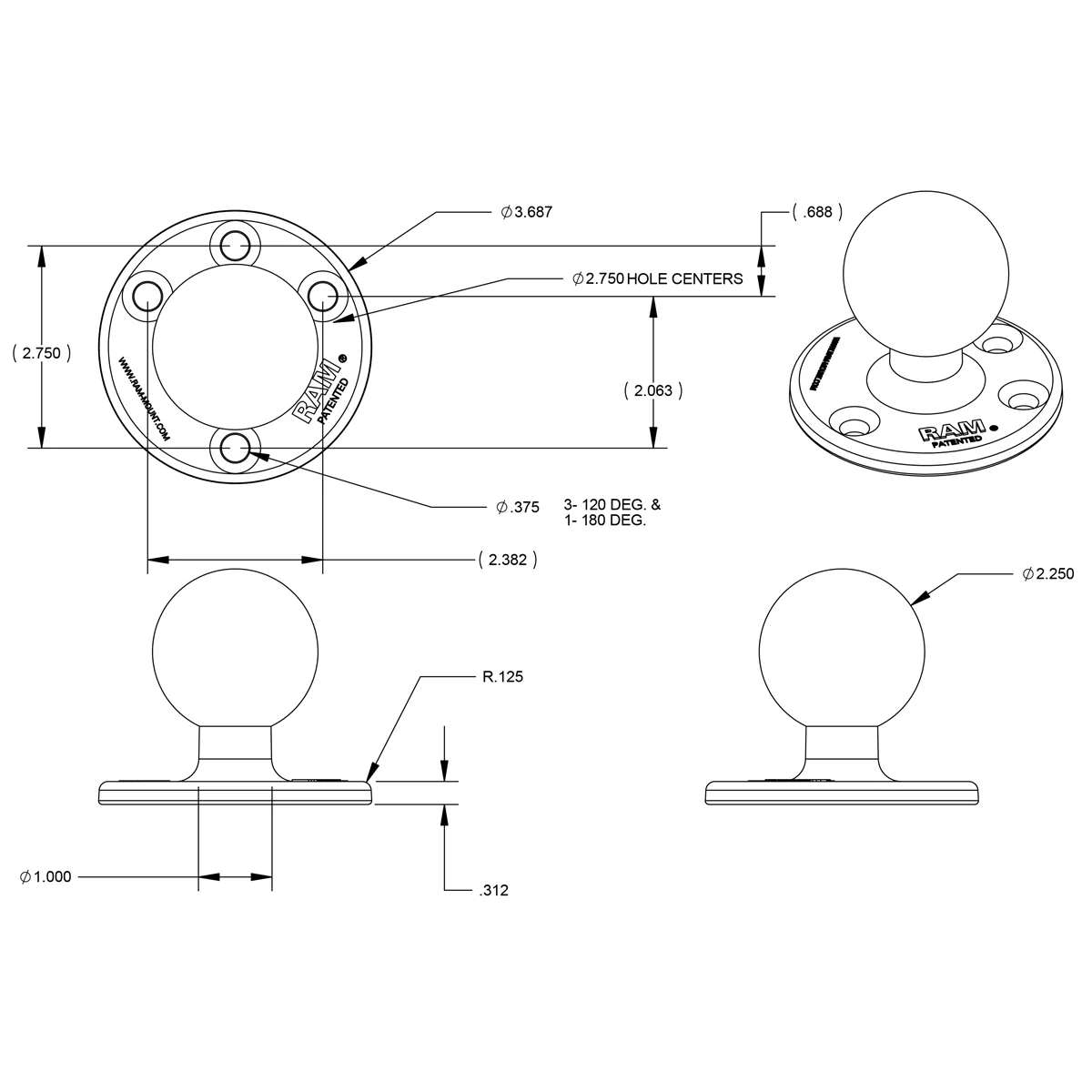 RAM® Large Round Plate with Ball - D Size - Image 2