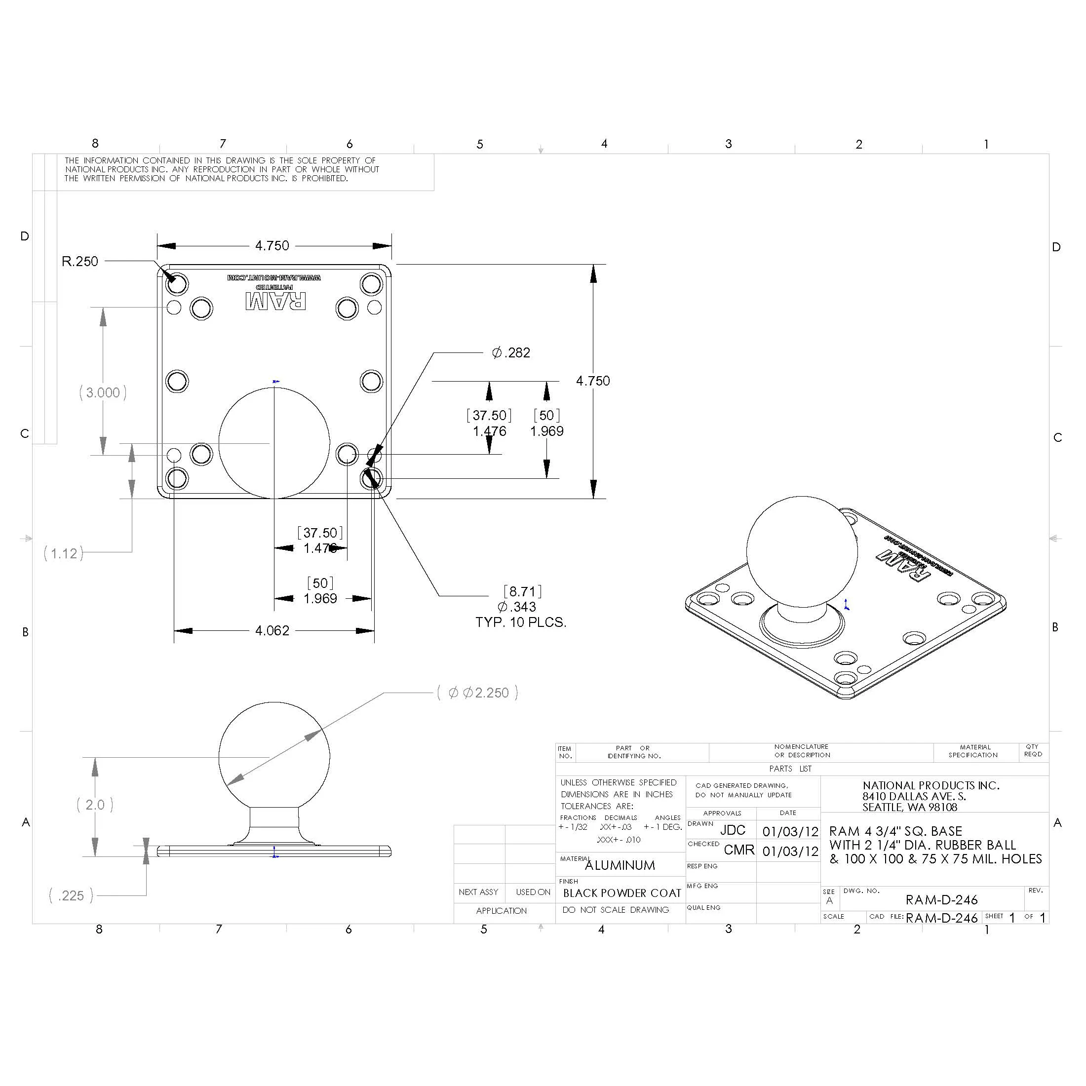 RAM® 100x100mm VESA Plate with Ball - D Size No Spacers - Image 3