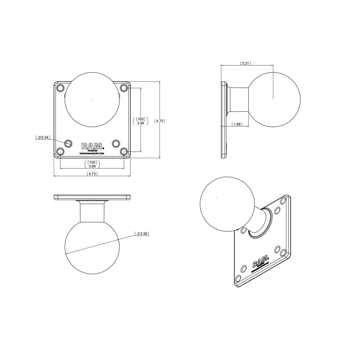 RAM® 100x100mm VESA Plate with Ball - E Size - Image 3