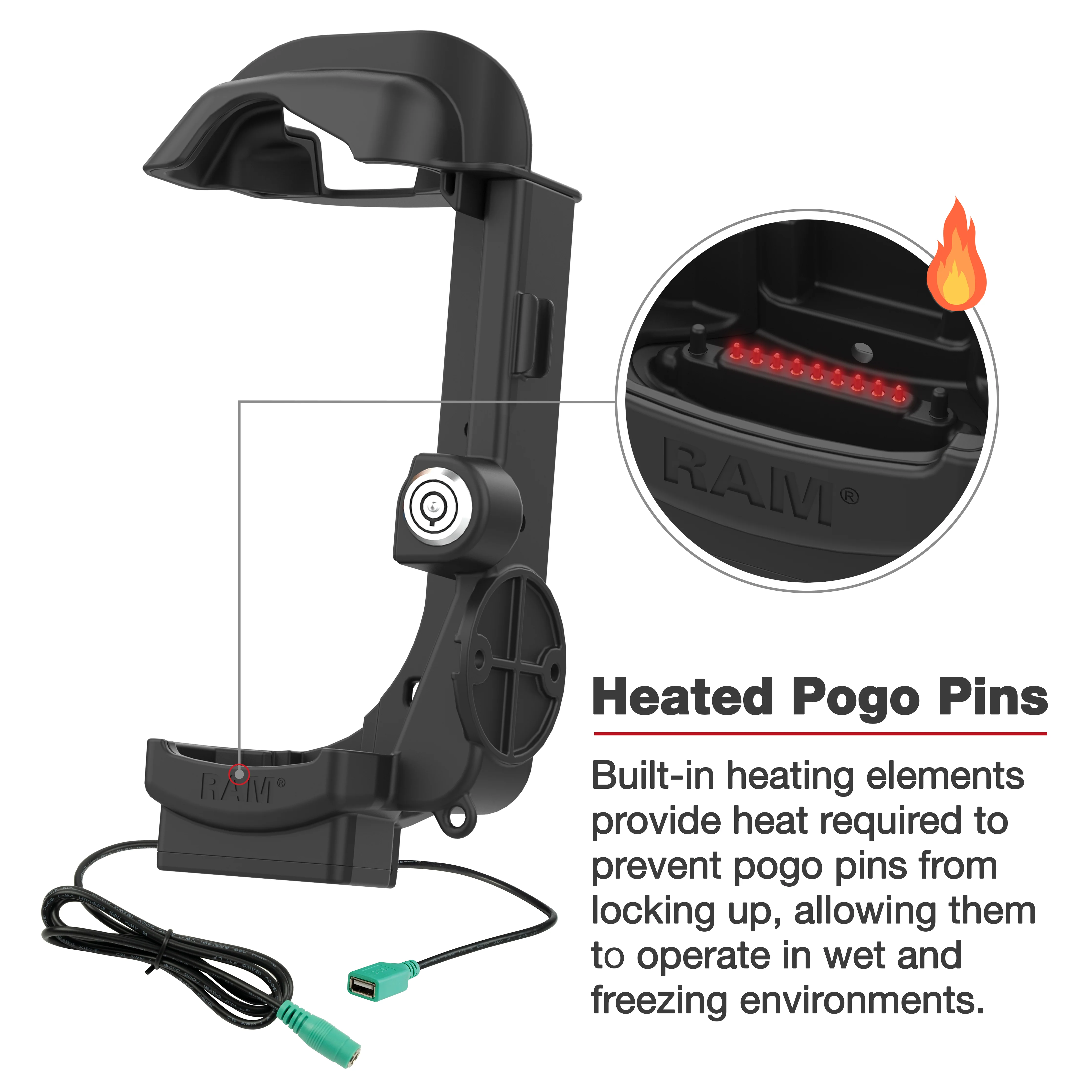 RAM® Locking Powered Dock + USB-A for Zebra MC9400/9300 - Heated Pins - Image 4